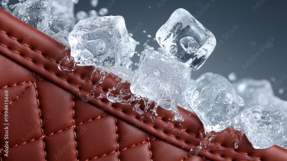 Fototapeta premium Ice cubes splashing water on brown quilted leather seat surface