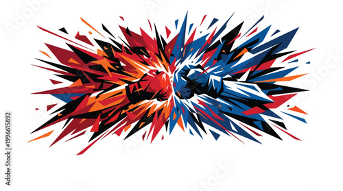 Dynamic abstract boxing clash with red and blue shards bursting from two fists in motion