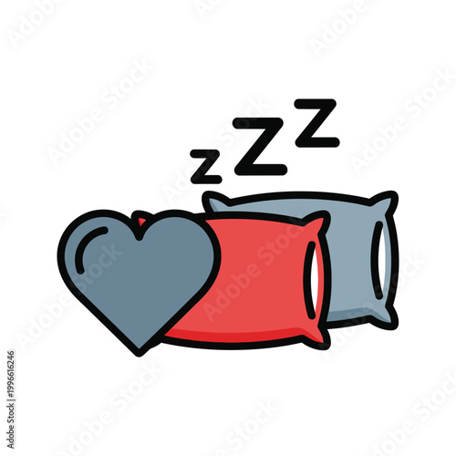 Sleepy heart pillow and two standard pillows isolated on transparent background
