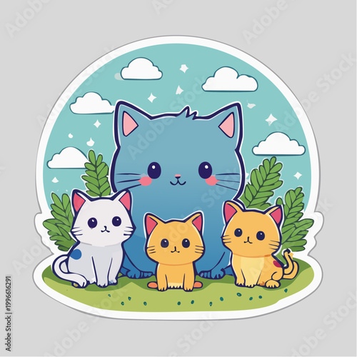 Cute Kawaii Cat Family Illustration