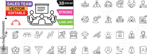 Sales Team- Line Art Icon Set,  web and app, Business Strategy and Corporate Management. Teamwork, Leadership, Financial Growth and Meeting Vector Icons with Editable Stroke