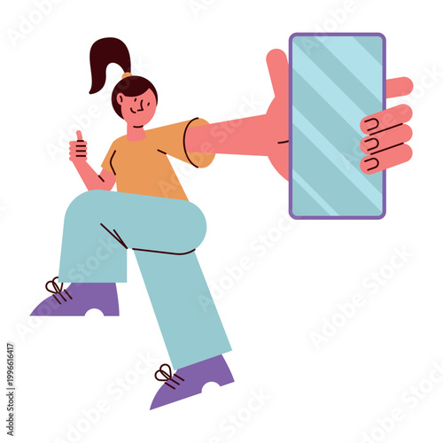 Young Woman Taking Selfie Crouching Pose
