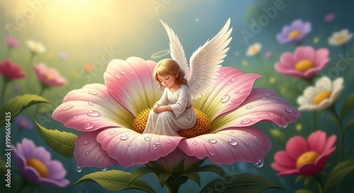 Little Angel Sitting on Giant Pink Flower, Peaceful Garden Scene