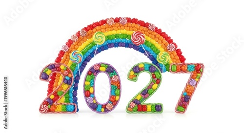 Colorful Candy Rainbow and 2027 Numbers on White Background