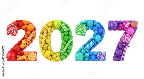 Sweet 2027 Year Numbers Made of Colorful Candies and Lollipops