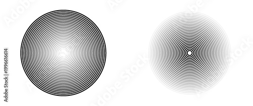 Black concentric circle set. Sonar or sound wave ring collection. Dotted and linear epicentre, target, radar icon concept. Ripple radial signal or vibration elements. Vector line and halftone symbols