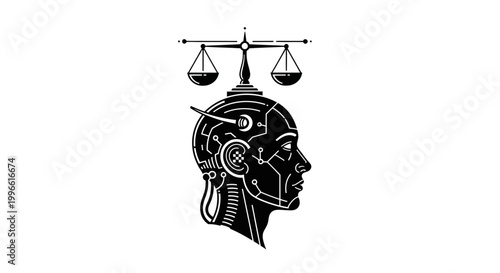 Artificial Intelligence and Justice Concept: Robot Head with Scales of Justice