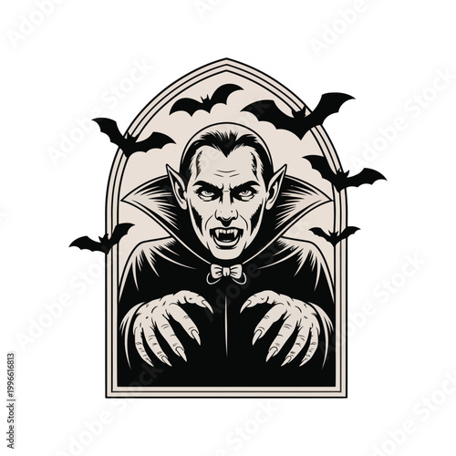 Vampire with bats in arched frame dracula monster