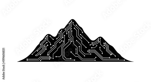 Digital Mountain Landscape with Circuit Board Lines