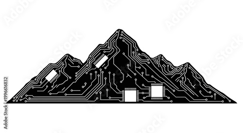 Digital Mountain Landscape with Circuit Board Texture and Microchips