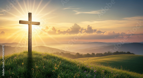 Simple wooden cross at sunset in green field