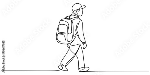 Young man with a backpack walking forward in a simple continuous one line drawing style representing travel and education Vector, illustration