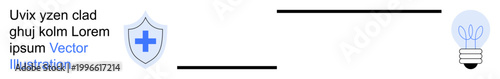 Healthcare, innovation, problem-solving, protection, medical safety, creativity. A shield with a cross next to a light bulb icon. Healthcare and innovation concept