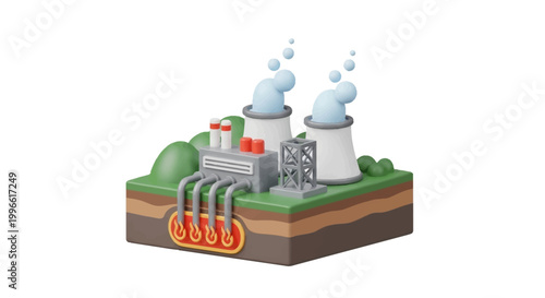 Sustainable Geothermal Power Plant System Generating Clean Renewable Energy for a Greener Future 3D Isometric Illustration