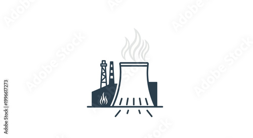 Industrial Power Plant and Cooling Tower Emitting Steam into the Atmosphere