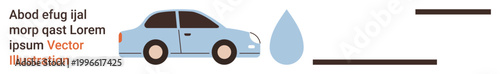 Transportation, water conservation, eco-friendly design, urban mobility, sustainability, automobile care. Blue car alongside a water drop and abstract lines. Transportation and water conservation