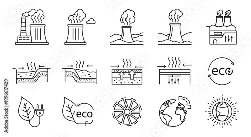 Illustrations depicting industrial processes for energy generation and sustainable environmental concepts