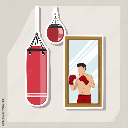 Boxer training with punching bag and mirror reflection