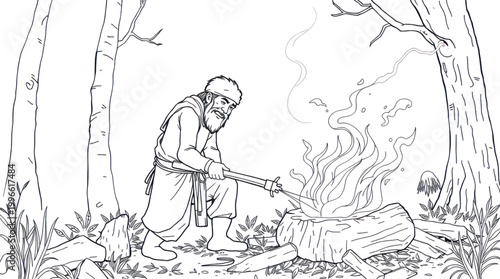 Survivalist Tending Warm Campfire in Dark Mysterious Forest at Night Illustration