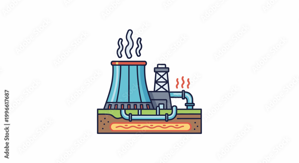 Fototapeta premium Modern Industrial Power Plant Generating Sustainable Energy with Cooling Towers and Underground Heat Exchange Systems Illustration