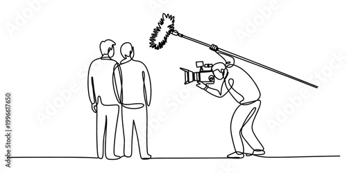 Continuous single line drawing of a cameraman filming two men with a professional video camera and a fuzzy boom microphone on set Vector, illustration