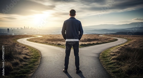 Man standing at crossroads considering directional choice against landscape