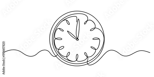 Simple wall clock drawn with a single continuous black line art style on a clean design representing time management and deadlines Vector, illustration