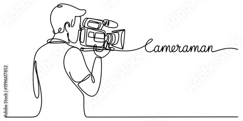 Continuous single line drawing of a cameraman holding a professional video camera with the word cameraman written in elegant script Vector, illustration