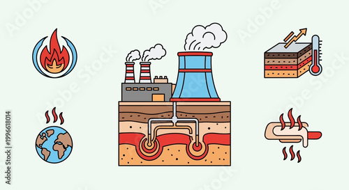 Illustrations depicting global warming and its effects, including rising temperatures and industrial pollution