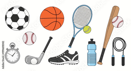 Collection of Cartoon Sports Equipment Icons Including Soccer Basketball Tennis Baseball Golf Items
