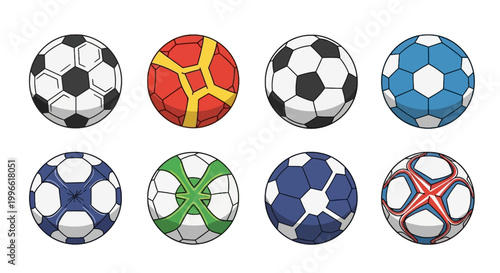 Set of Colorful Cartoon Soccer Balls with Classic and Modern Panel Designs in Flat Vector Style