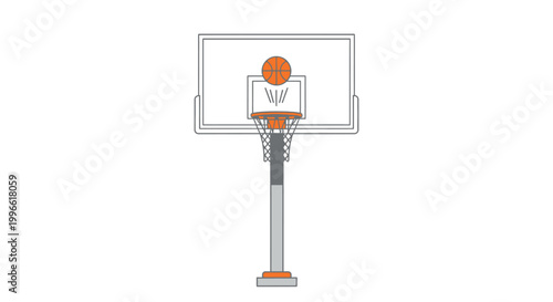 Cartoon Basketball Hoop with Backboard Net and Ball in Action Flat Vector Illustration