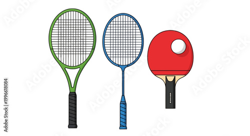 Green Blue Tennis Rackets and Red Table Tennis Paddle Cartoon Sports Equipment Flat Design