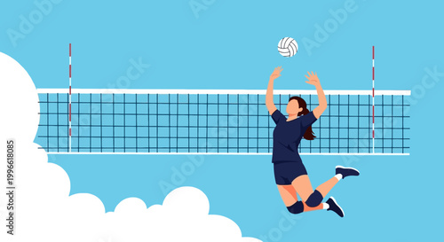 Cartoon Female Volleyball Player Spiking Ball Over Net in Dynamic Action Flat Vector Illustration