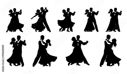 Dancing couples silhouette set vector illustration ballroom vintage style