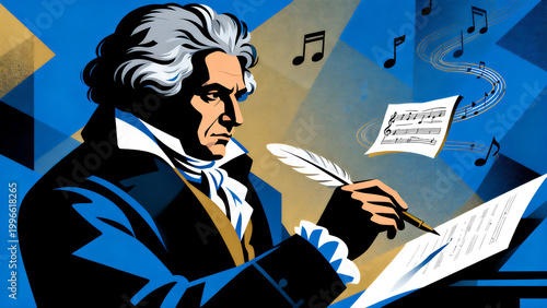 Vibrant illustration of an elderly classical composer with flowing white hair focused on writing a music manuscript with a quill pen against a blue backdrop with musical symbols.