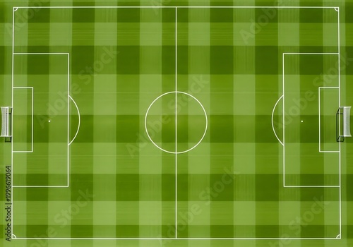 Top View Soccer Field with Checkered Grass Pattern and White Marking Lines