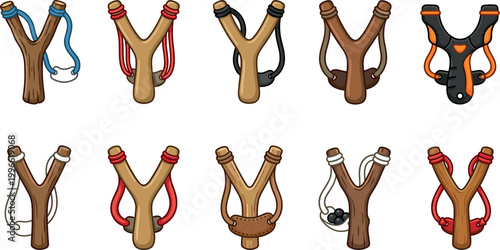 Set of Slingshot Vector Illustrations in Various Designs and Styles for Outdoor, Game, and Toy Themes
