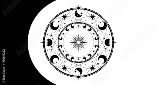 Esoteric Celestial Mandala with Moon Phases and Stars