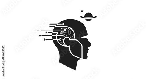 Futuristic human head silhouette with circuit board and planet, representing AI and technology