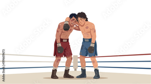 Two shirtless male boxers lean on each other inside a bright boxing ring after a close match