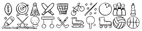 Sports icon doodle hand drawn style set, sport equipment collection and fitness hobby symbols, sketch ink element for basketball football activity and games