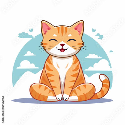 Cute cartoon ginger cat meditating with eyes closed