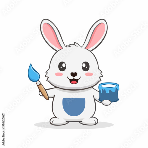 Cute cartoon rabbit holding a paintbrush and paint can