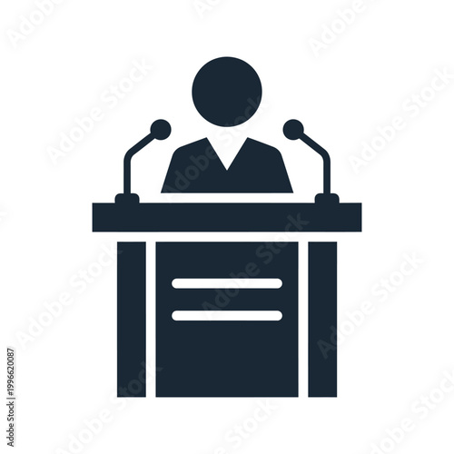 person speaking at a podium with two microphones isolated on transparent background