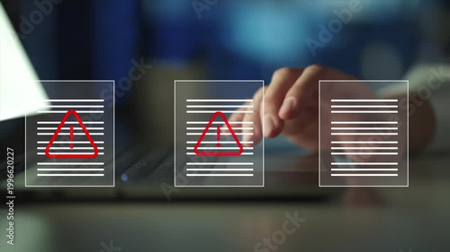 system risk, data threat, cyber alerts, file security issues, online protection, digital warning alert displayed on laptop with document icons,  