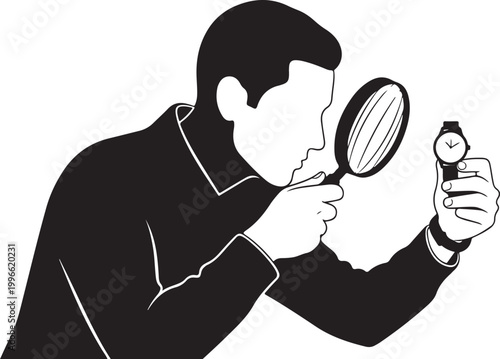 Magnifying glass, detective, investigation, black and white, vector illustration, crime scene, detective work, forensic analysis