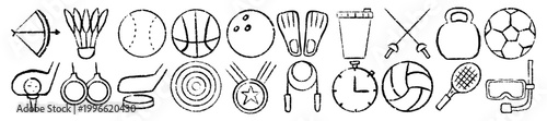 Sports Equipment doodle hand drawn style, athletic icons, gym gear, exercise tools, competition symbols, fitness sketches, game items, ink line art elements