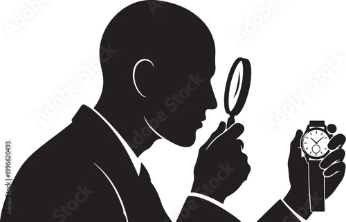 Magnifying glass, man examining watch, detective, investigation, black silhouette, vector icon