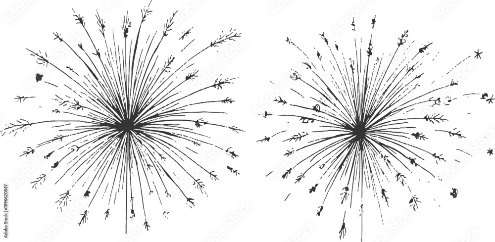Fototapeta premium Festive hand drawn fireworks bursts and stars doodle elements vector illustration for holiday event background design.